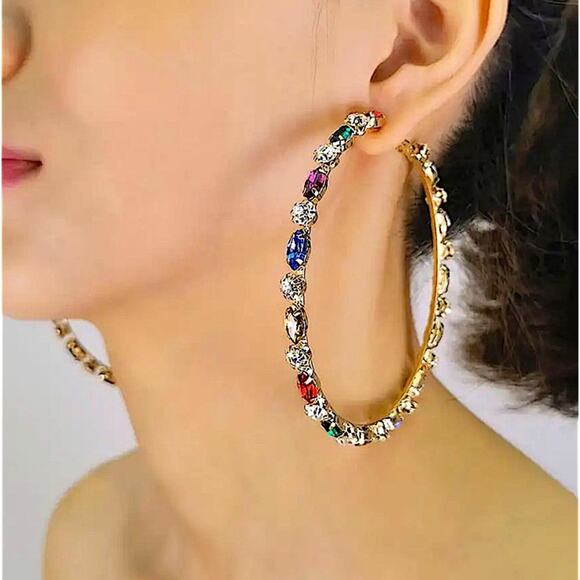 Gold MultiColor Gemstone Hoop Earrings - Picture 1 of 4